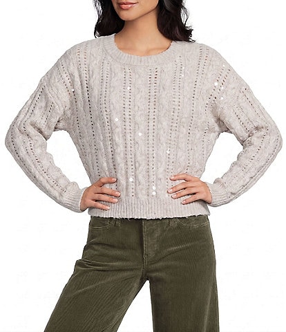 I.N. San Francisco Metallic Cable Knit Long Sleeve Pullover Sweater