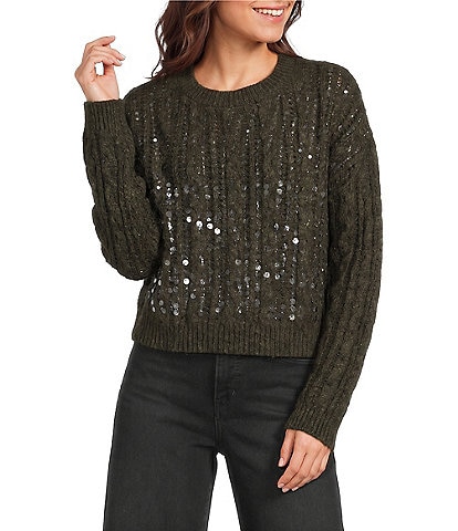 I.N. San Francisco Metallic Cable Knit Long Sleeve Pullover Sweater