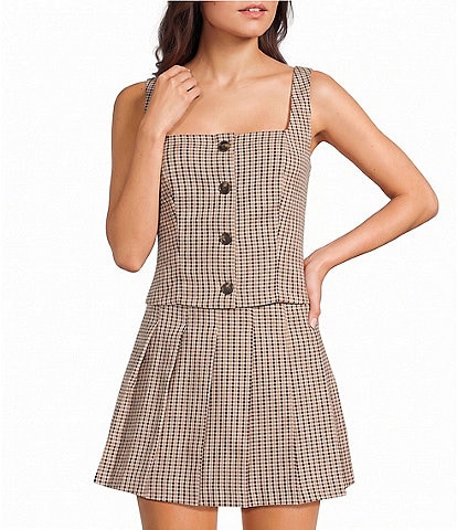 I.N. San Francisco Plaid Square Neck Button Front Cropped Coordinating Vest