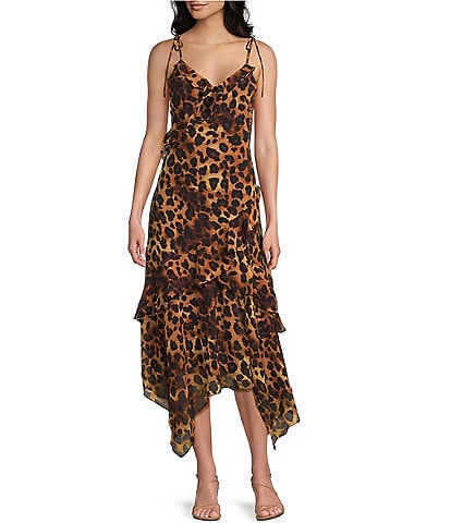I.N. San Francisco Printed Ruffle V-Neck Maxi Asymmetrical Hem Slip Dress