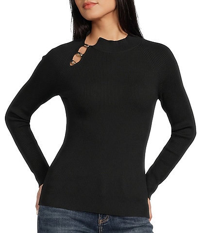 I.N. San Francisco Ribbed Knit Mock Neck Button Detailed Long Sleeve Sweater