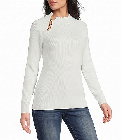 I.N. San Francisco Ribbed Knit Mock Neck Button Detailed Long Sleeve Sweater