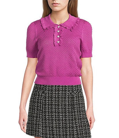 I.N. San Francisco Ruffle Collared Short Sleeve Sweater Top