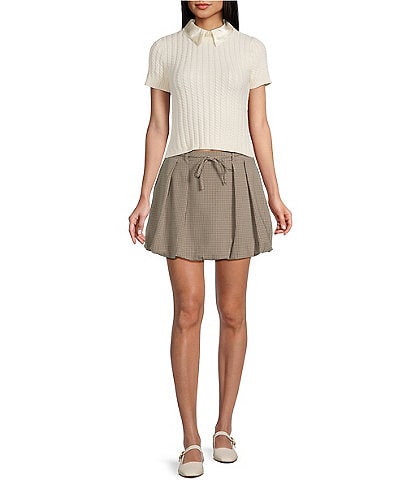 I.N. San Francisco Satin Point Collar Tie Front Short Sleeve Sweater Top