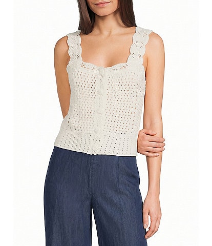 I.N. San Francisco Scalloped Button Front Crochet Sweater