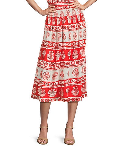 I.N. San Francisco Seashell-Stripe Pattern Mid Rise Smocked Waist Coordinating Midi Skirt