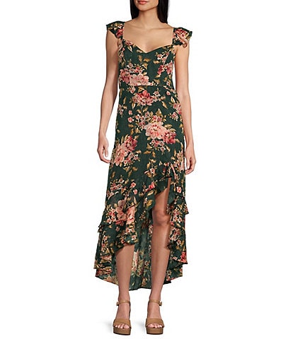 I.N. San Francisco Sleeveless V-Neck Flutter Floral Hi-Low Dress