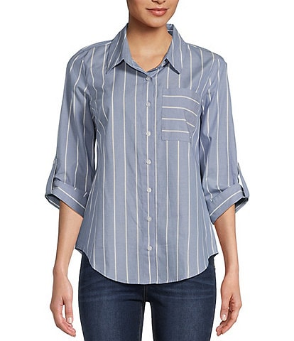 I.N. San Francisco Striped Chambray Collared Button Front Poplin Pocketed Roll-Tab 3/4 Sleeve Top