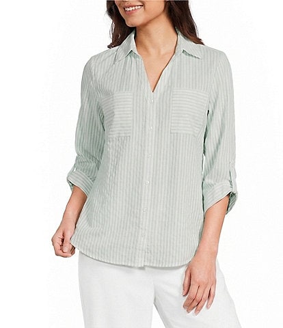 I.N. San Francisco Striped Pocket Front 3/4 Sleeve Button Front Shirt