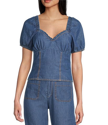 I.N. San Francisco Sweetheart Ruffle Neck Short Sleeve Cropped Denim Top