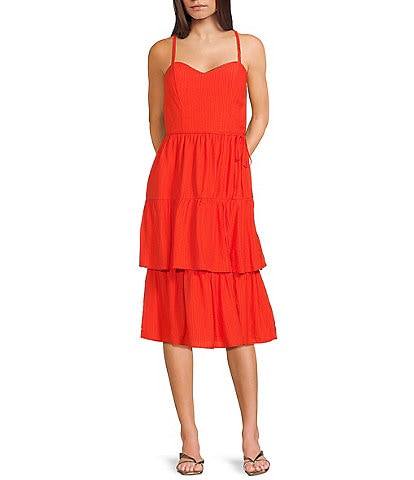 I.N. San Francisco Textured Sweetheart Neck Tie Front Tiered Dress