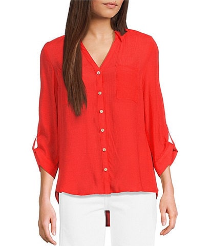 I.N. San Francisco Textured Woven 3/4 Roll Tab Sleeve Patch Pocket Button Front Shirt