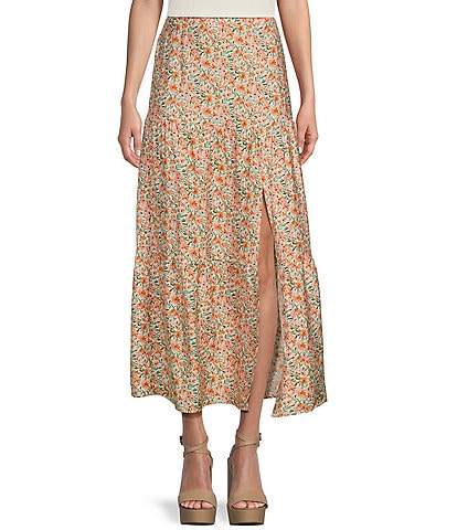 I.N. San Francisco Tiered High Front Side Slit Floral Midi Skirt