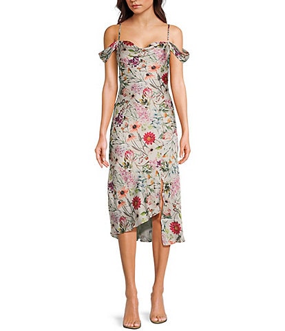 I.N. San Francisco Wildflower Print Off The Shoulder Spaghetti Strap Cowl Neck Midi Slit Dress