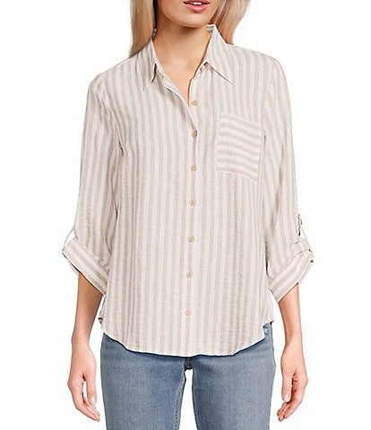 I.N. San Francisco Woven Stripe 3/4 Sleeve Roll Tab Sleeve Button Front Shirt