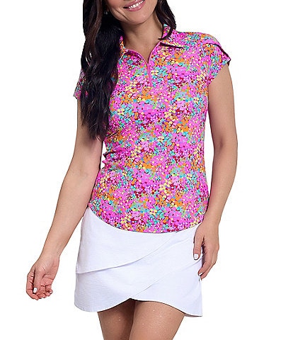IBKUL Allana Floral Print Collared Tulip Short Sleeve Stretch Knit Polo