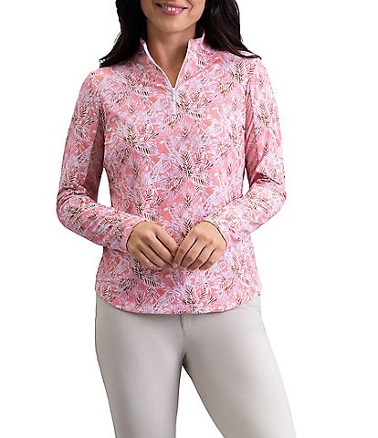IBKUL Briana Printed Zip Mock Neck Long Sleeve Top