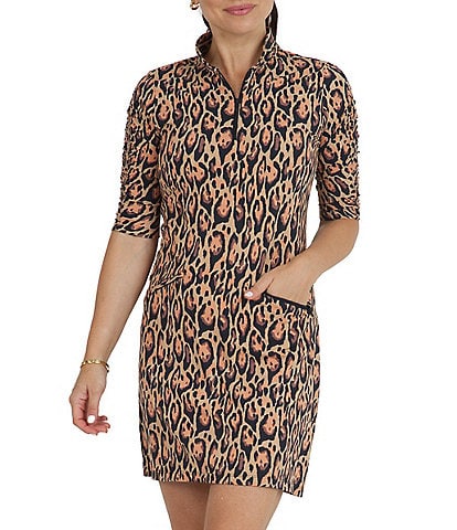 IBKUL Gemma Leopard Printed Ruched Elbow Length Sleeve Zip Mock Neck Dress