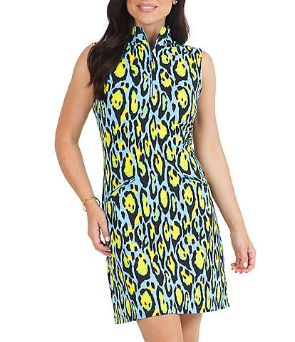 IBKUL Gemma Leopard Printed Sleeveless Zip Mock Neck Dress