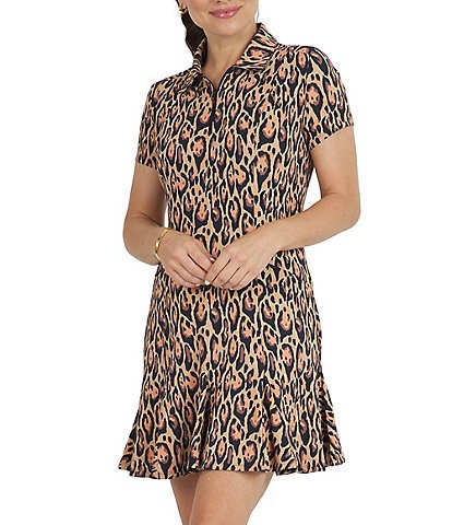 IBKUL Gemma Print Short Sleeve Half Zip Point Collar Godet A-Line Mini Dress