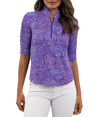 IBKUL Gladis Printed Mandararin Collar Ruched Elbow Sleeve Top