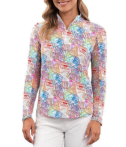 IBKUL Global Impressions Printed Zip Mock Neck Long Sleeve