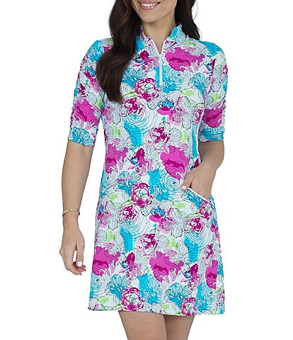 IBKUL Paddy Floral Printed Ruched Elbow Length Sleeve Zip Mock Neck Dress