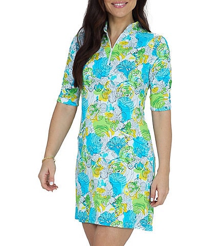 IBKUL Paddy Floral Printed Ruched Elbow Length Sleeve Zip Mock Neck Dress
