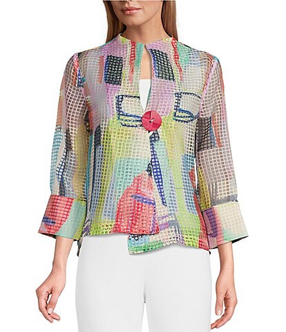 IC Collection Abstract Print High Round Neck 3/4 Sleeve Asymmetric Hem Mesh Statement Jacket