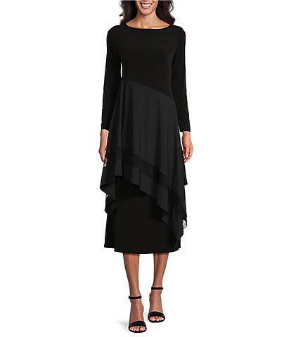 IC Collection Apron ITY Knit Boat Neck Long Sleeve Asymmetrical Contrast Layered Pocketed A-Line Midi Dress