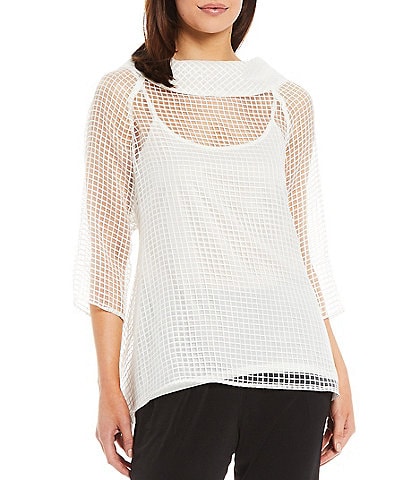 IC Collection Cowl Neck 3/4 Sleeve Mesh Tunic