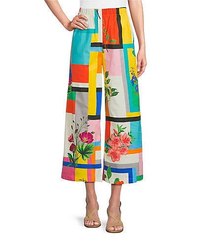 IC Collection Color Block Floral Print Elastic Waist Wide Leg Ankle Pants