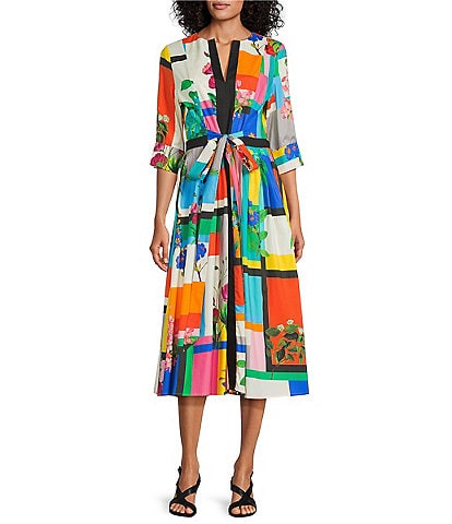 IC Collection Color Block Floral Print Split Crew Neck Elbow Sleeve Midi Dress