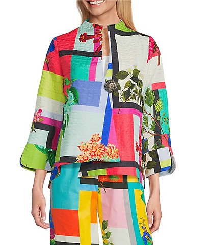 IC Collection Color Block Floral Print Stand Collar Bracelet Sleeve Jacket
