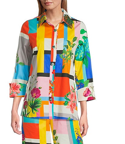 IC Collection Colorblock Floral Print Collar Neck Long Sleeve Blouse