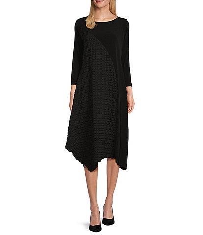 IC Collection Double Textured Puckered Ity Knit Crew Neck 3/4 Sleeve A-Line Asymmetrical Hem Midi Dress