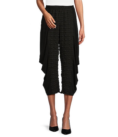 IC Collection Double Textured Puckered ITY Knit Elastic Waist Pocketed Side Draped Pull-On Coordinating Cropped Pants
