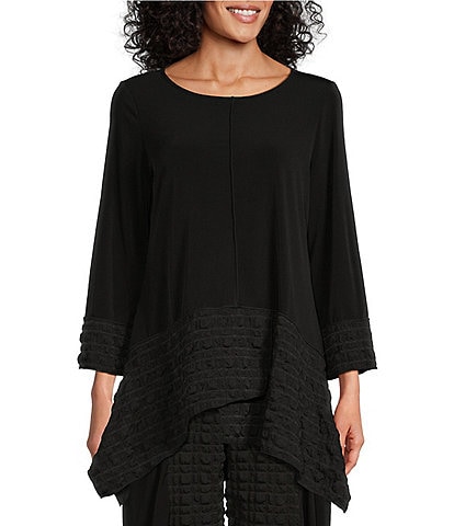 IC Collection Double Textured Puckered Ity Knit Scoop Neck 3/4 Sleeve Asymmetrical Coordinating Tunic