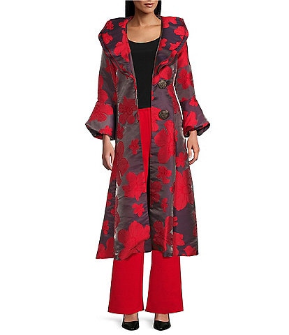 IC Collection Floral Jacquard Double Ruffled V-Neck Blouson Cuff Sleeve A-Line Long Jacket