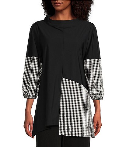 IC Collection Gingham Color Blocked Print Funnel Neck 3/4 Balloon Sleeve Knitted Woven Tunic
