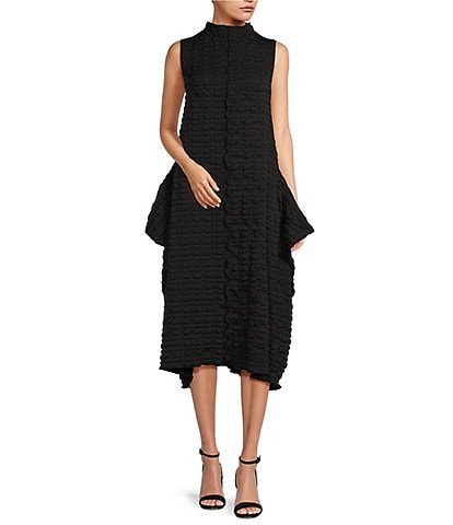 IC Collection Textured Bubble Check Woven Mock Neck Sleeveless Pocketed Swing Waistless Midi Dress