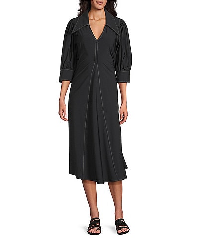 IC Collection Knit Collar V-Neck Elbow Puff Sleeve Fit-An-Flare Dress