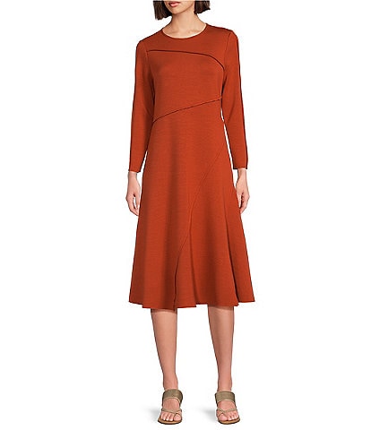 IC Collection Knit Crepe Round Neck Bracelet Sleeve Midi A-Line Dress