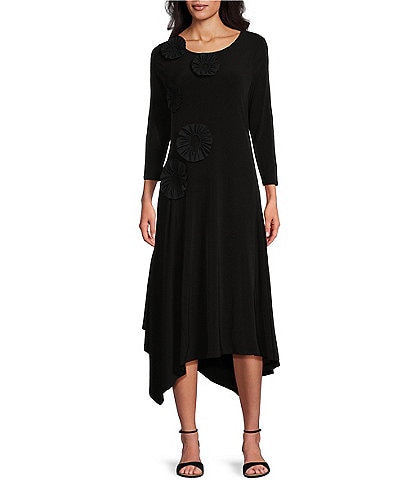 IC Collection Knit Floral Patch Appliques Round Neck 3/4 Sleeve A-Line Asymmetrical Hem Midi Dress