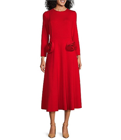 IC Collection Knit Floral Patch Appliques Round Neck Long Sleeve Fit & Flare Midi Dress