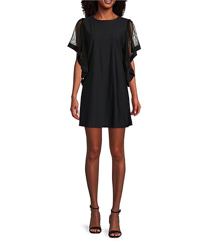 IC Collection Mesh Knit Crew Neck Short Flutter Sleeve Tunic Dress