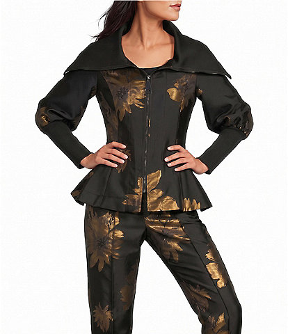 IC Collection Metallic-Blend Golden Bloom Flower Print Stand Collar 3/4 Blouson Sleeve Coordinating Zip-Up Jacket