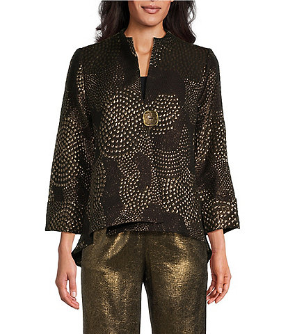 IC Collection Mix Metallic Textured Printed Mock Neck Bracelet Sleeve Asymmetric Hem One Button-Front Jacket