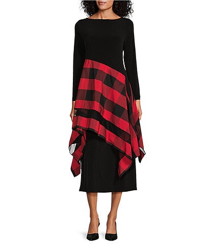 IC Collection Mixed Media Knit Jersey Boat Neck Long Sleeve Pocketed Tartan Stripe Layered A-Line Midi Dress