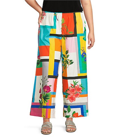 IC Collection Plus Color Block Floral Print Elastic Waist Wide Leg Ankle Pants